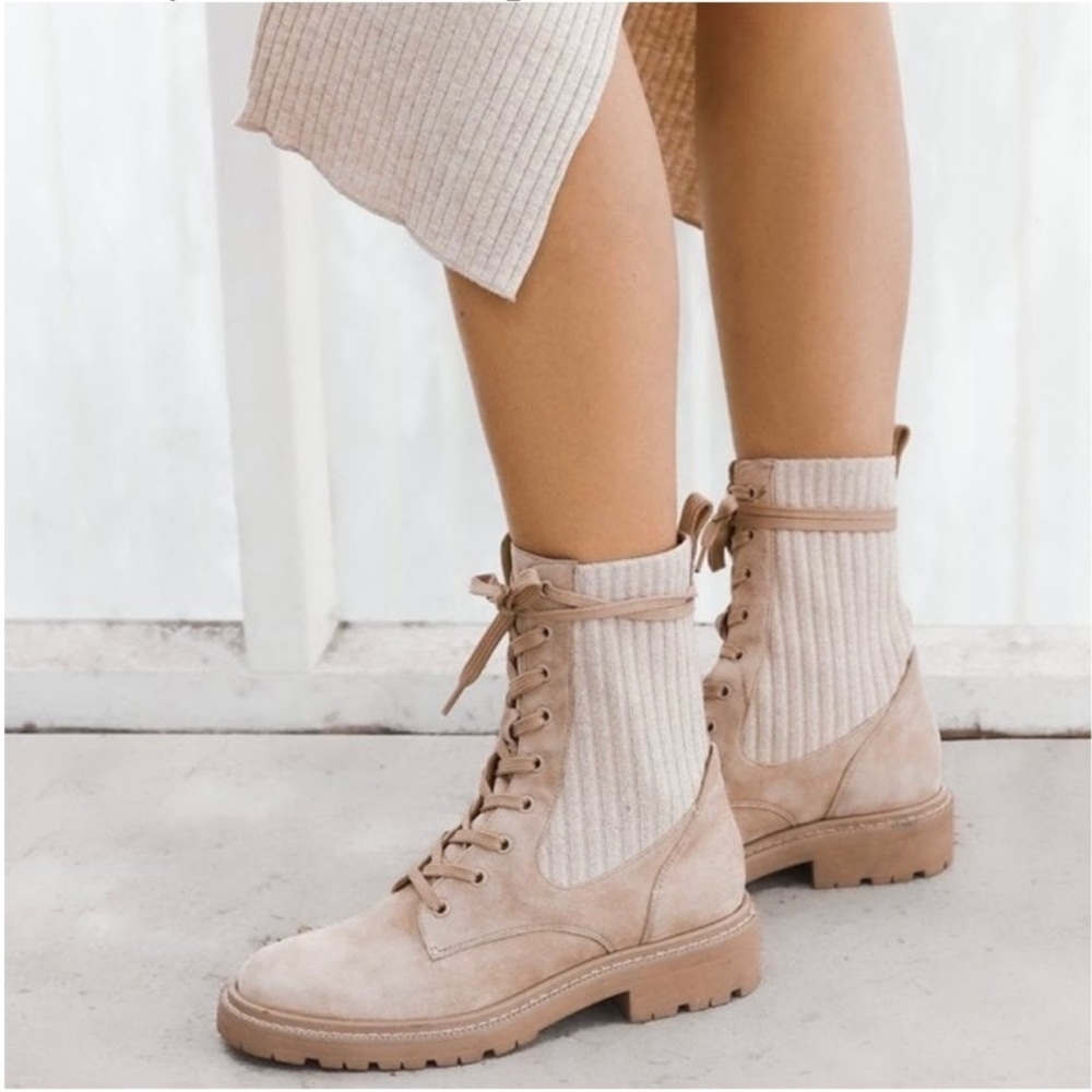 Sam Edelman Lydell beige suede leather lace up moto compact boots
